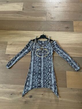 COOGI Snake Print Long Sleeve Cold Shoulder Dress Gold Chain Details Size Large